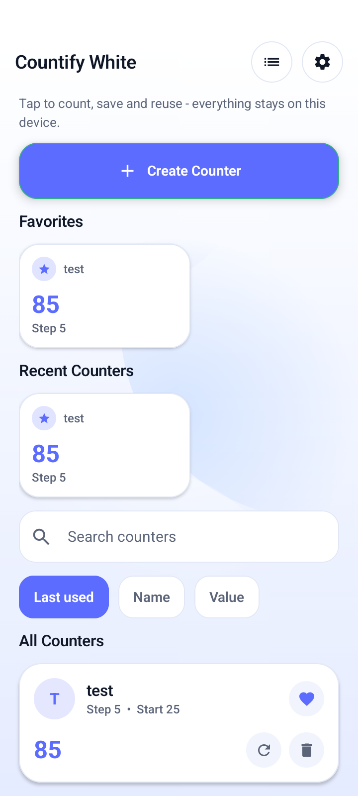 Countify White home screen